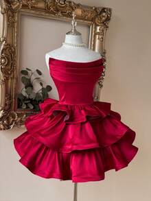 Lovelzi Gaun Pesta Pernikahan Musim Panas Elegan Warna Merah Anggur, Gaun Satin Modis dengan Bahu Terbuka dan Hem Bergelombang untuk Pesta Lajang, Wisuda, dan Acara Bridal Shower - Merah - View 6
