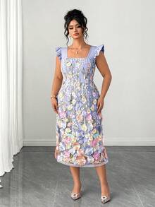 Elenzga Plus Size Elegant Purple Floral Print Square Neck Flare Sleeve Bodycon Dress,Summer Wedding Waist Design With Slit,Versatile Party Dress - Purple - View 3