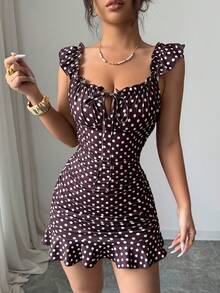 BamGleam Vestido de verano ajustado con volantes en el cuello, mangas cortas, lunares y volantes en el bajo - Marrón - Ver 7