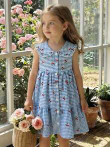 SHEIN Elladie kids 女童格子图案樱桃印花无袖A字连衣裙，优雅甜美休闲度假装 - 藍色 - 查看 4