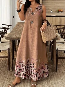 Weeklong Gaun A-Line Tanpa Lengan Leher V Bermotif dengan Hiasan Kancing untuk Wanita Ukuran Plus, Cocok untuk Liburan dan Pakaian Sehari-hari, Musim Semi/Panas - MultiWarna - View 1