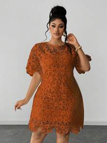 Maweii Đầm tay ngắn cổ tròn khoét rỗng, màu trơn, cỡ lớn - trái cam - Xem 4