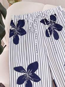 Lacomfia 大码女式花卉条纹印花宽松阔腿裤，春夏款 - 白色 - 查看 4