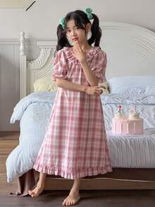 DAZY Girls' Plaid Short Sleeve Long Dress Sleepwear, Loose Lightweight Summer Pajamas, Plus Size - Pink - View 4