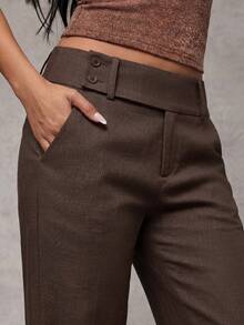 SHEIN Tall CURVE 大码女式纯色口袋休闲日常裤 - 咖啡棕 - 查看 7