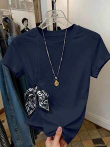 SHEIN Franclia Women's Casual Tie-Up Asymmetric Hem T-Shirt, Summer - Blue - View 6