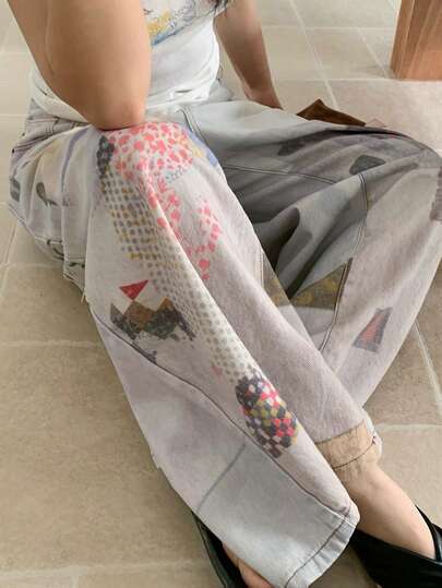 Dazy Plus Quần jeans nữ cỡ lớn in họa tiết ombre phong cách Hàn Quốc, dáng rộng, đa năng, phù hợp cho mọi mùa.