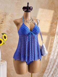 Bellisia Bộ đồ bơi tankini cổ yếm in chấm bi dành cho nữ, thích hợp cho kỳ nghỉ hè trên bãi biển. - Màu vàng - Xem 5