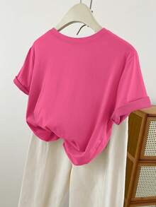 Resyla Plus Size Women Summer Solid Color Round Neck Short Sleeve T-Shirt - Hot Pink - View 2