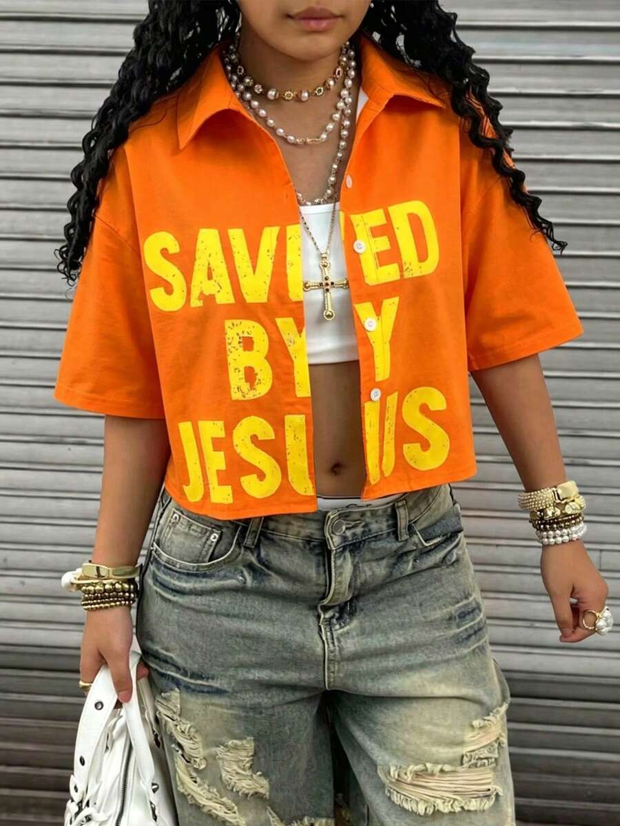 Summer Casual Letter Print Cropped Drop Shoulder Shirt - Multicolor - View 1