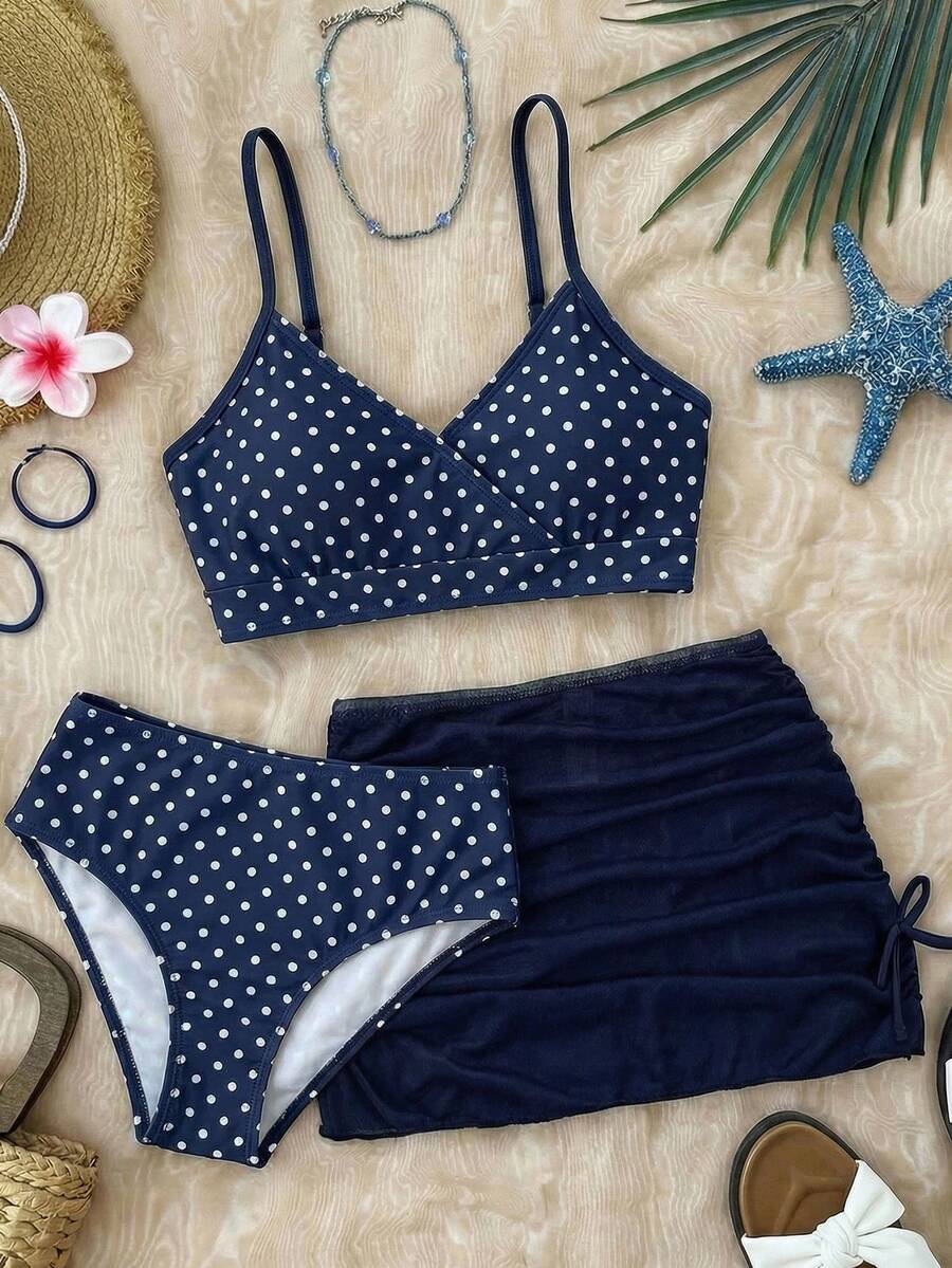 SHEIN Teenager Mädchen Bikini mit Polka Dot Muster und Cover-Up-Rock, Strandurlaub - Verschiedenfarbig - Übersicht 1
