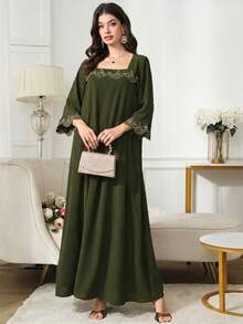Al Najma Đầm nữ cổ vuông thêu hoa, kiểu dáng Ả Rập, thích hợp cho tiệc tùng, du lịch. - xanh quân đội - Xem 2