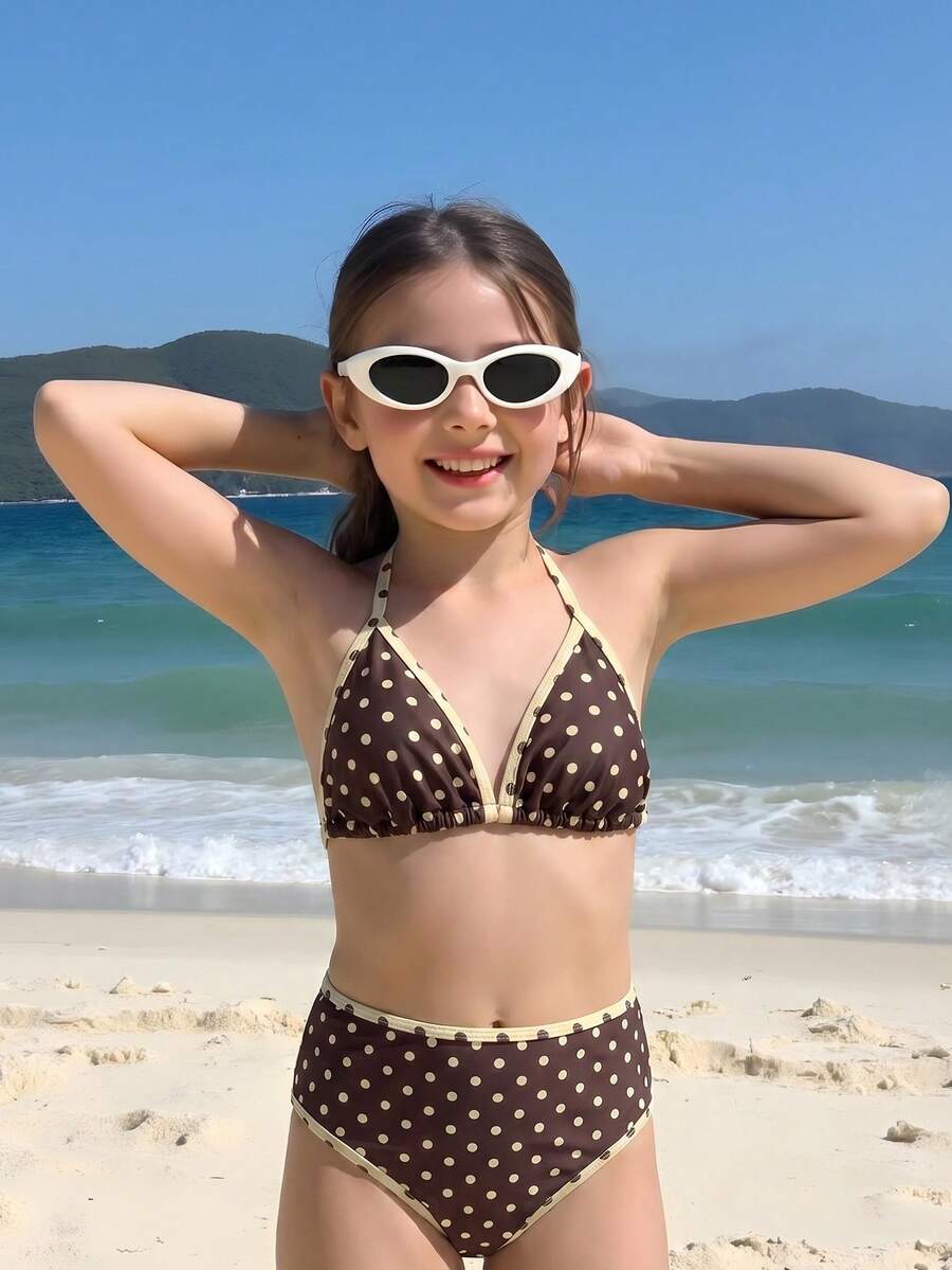 SHEIN 少女夏季沙滩波点吊带比基尼和三角泳裤套装 - 彩色 - 查看 1