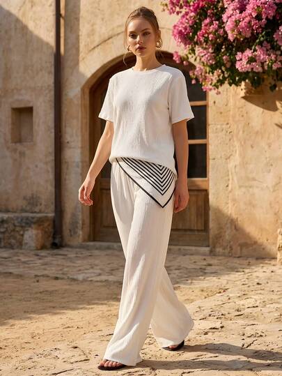 CasuGlow Women's Casual Chic Two Pieces Set – Oversized Grey T-Shirt And High Waist Wide Leg Cream Pants With Scarf Detail, Relaxed Fit Summer Outfit, Minimalist Street Style Co-Ord, Effortless Everyday Fashion