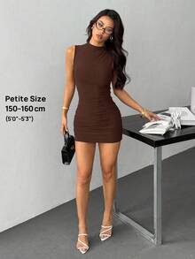 SHEIN PETITE Solid Color Stand Collar Ruched Sleeveless Fitted Summer Elegant Dress,Dresses For Women Summer - Mocha Brown - View 9