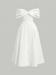 SHEIN MOD Vestido de fiesta de talla grande con hombros descubiertos, lazo y contraste de color con perlas falsas - Blanco - Ver 5