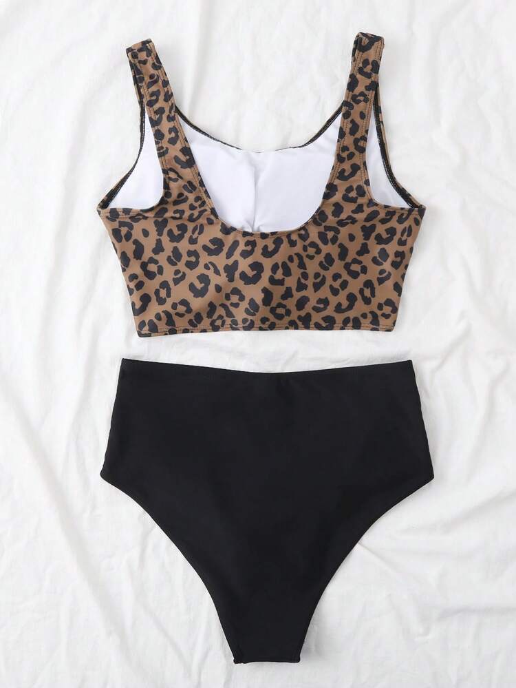 SHEIN Swim レオパード柄ビーチスイムウェア 2点セット、柄デザイン