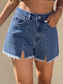 Livesso Women's Vintage Washed Frayed Hem Side Slit Casual Relaxed Straight Leg Denim Shorts, Suitable For Spring, Summer, Beach, Vacation - Light Wash - View 5