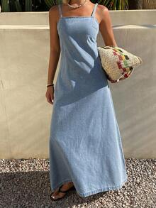 Livesso Vintage Washed Blue Spaghetti Strap Dress, Sleeveless Casual Midi Denim Dress For Spring Summer, Suitable For Music Festival, Valentine's Day, Wedding - Light Wash - View 4
