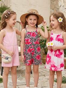 SHEIN Elladie kids 3件組女童夏季嬰兒粉色白色花卉印花純色連身褲，度假海灘時尚連身衣套裝 - 彩色 - 查看 8