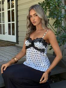 Aloruh 女款優雅性感蕾絲圓點拼接緞面吊帶上衣，Zante度假風，夏季外穿上衣 - 彩色 - 查看 4