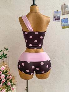Soleia Women's Summer Y2K Versatile Casual Comfortable Knit Polka Dot Patchwork Color-Block Halter Neck Mini Slim Fit Sexy Hot Girl Top And Shorts. Suitable For Vacations, Parties, Dates, Carnivals, Afternoon Tea, Beaches, Cruises, City Trips, Music Festivals And Many Other Occasions. Party Top, Summer Top, Women's Summer Outfit - Multicolor - View 2