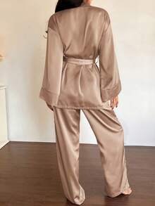 DAZY 2 piezas Conjunto de bata y pantalones de satén de primavera para mujer, conjunto de ropa de dormir minimalista y elegante - Caqui - Ver 2