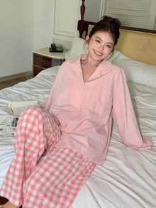 Dazy Plus 大码女士舒适长袖睡衣套装 - 粉色 - 查看 6