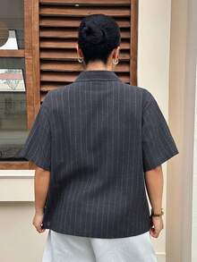 Dazy Plus Striped Loose Fit Short Sleeve Black Casual Shirt Summer - Navy Blue - View 2
