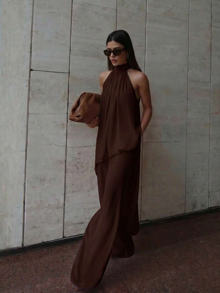 Firerie Bộ đồ nữ thanh lịch, thoải mái, màu hồng chiffon, không tay, cổ yếm, buộc dây, vạt áo lệch vai và quần ống đứng dáng rộng, mẫu mới Xuân/Hè. - màu nâu - Xem 1