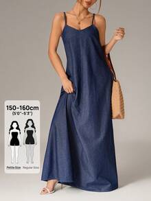 SHEIN PETITE 度假休闲吊带超长牛仔连衣裙 - 藍色 - 查看 1