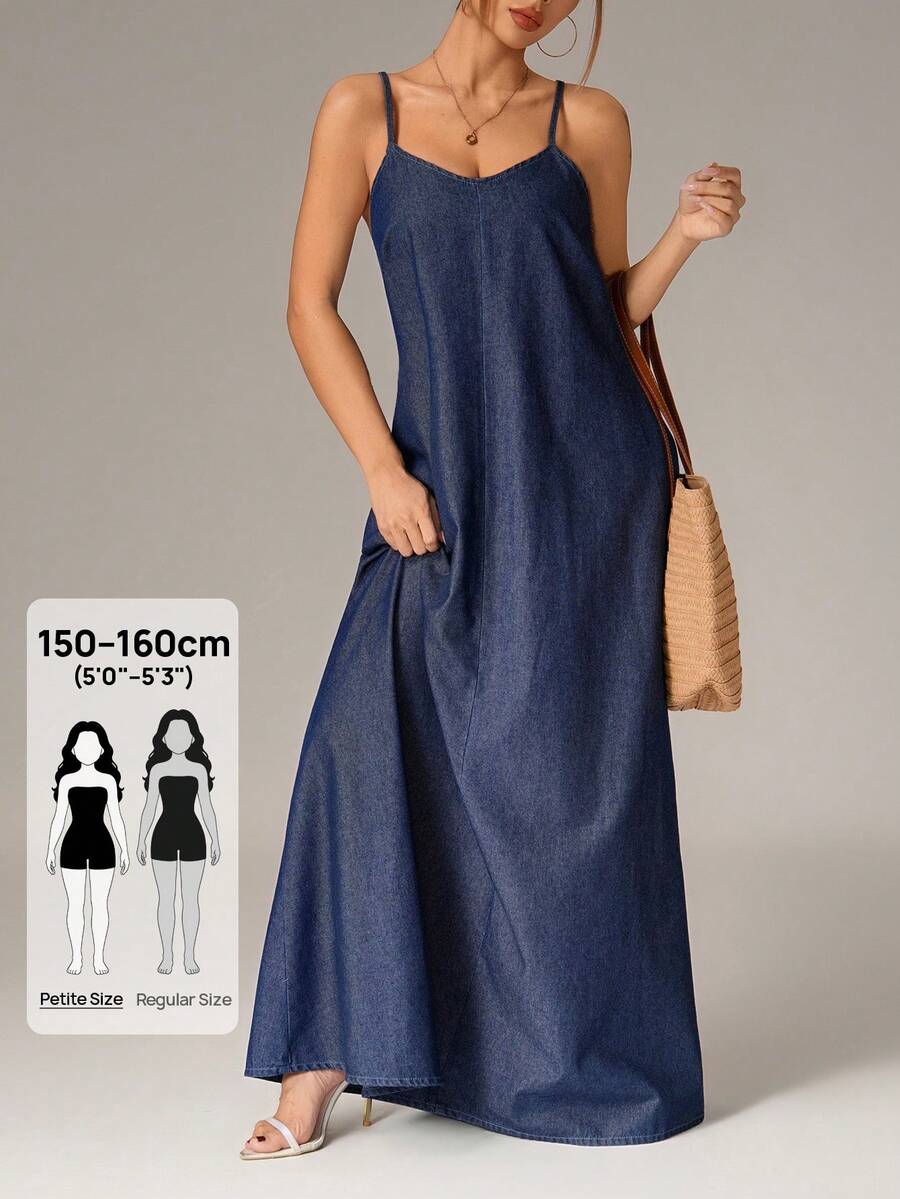SHEIN PETITE 度假休闲吊带超长牛仔连衣裙 - 藍色 - 查看 1