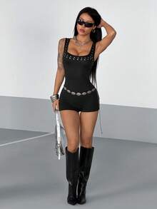 StreetHx Bộ jumpsuit nữ màu đen đính đá lấp lánh, cổ vuông, khoét sâu. - màu đen - Xem 3