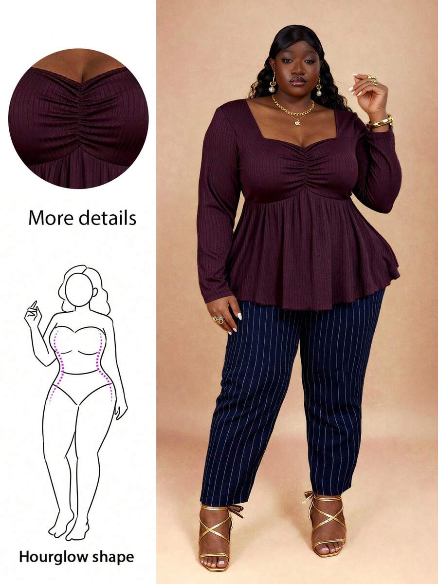 CurvyTilda Plus Size Casual Solid Color Ruched Chest Ruffle Hem T-Shirt, Autumn, For Hourglow & Hourglass Body Shape - Coffee Brown - View 1