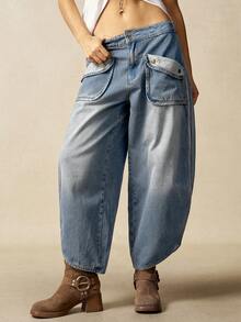 Bohemela Quần jean denim nữ đa năng, dáng rộng, có túi, vạt bất đối xứng - Rửa nhẹ - Xem 4