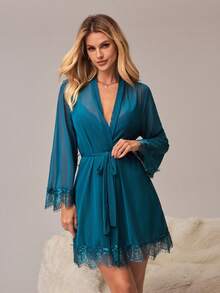 女士撞色蕾丝长袖睡袍和吊带睡衣套装，优雅家居服 - 水鴨藍 - 查看 6