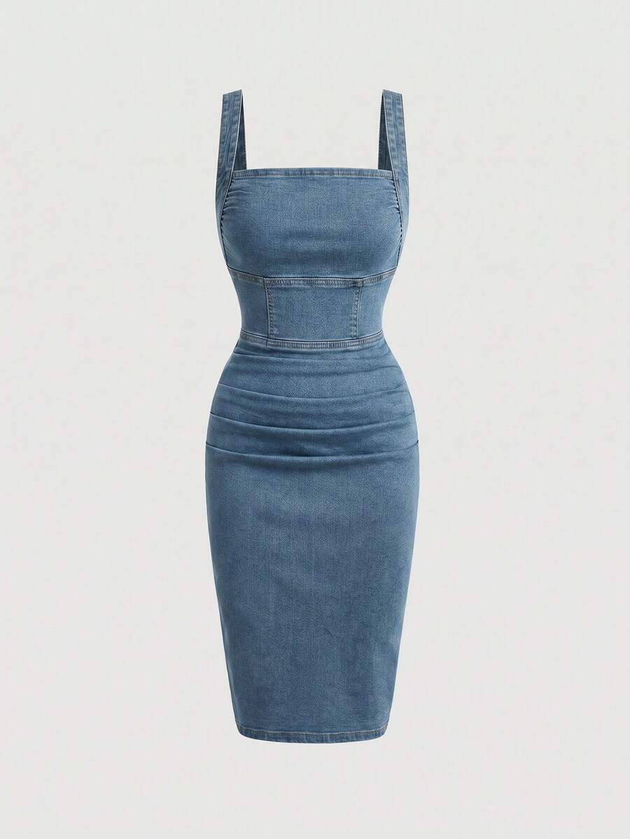 Sweetra Gaun Denim Lipit Tanpa Lengan Leher Persegi Warna Polos untuk Wanita - Light Wash - View 1