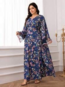 Al Najma 大码女式印花长袖阿拉伯风格连衣裙 - 藏蓝色 - 查看 6