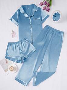 SHEIN 3 Stücke Kontrast-Besatz einfarbiger Faux-Seide Pyjama Set für Frauen - Babyblau - Übersicht 4
