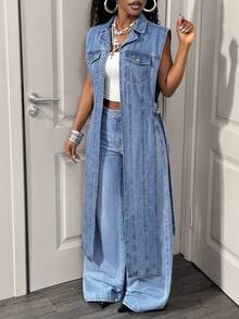 Slaydiva Áo khoác denim dáng rộng màu xanh nhạt mới cho mùa hè - Màu xanh lam - Xem 6
