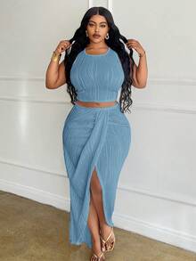 Slaydiva Plus Size White Solid Slim Fit 2 Pieces Outfit 2pcs/Set - Blue - View 1