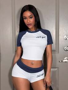 Slaydiva Women's Two Pieces Set Navy Blue And White,Summer,Casual,Vacation Outfits Y2K Style Round Neck Short Sleeve T-Shirt&Folded Waist Short Pants - Navy Blue - View 8