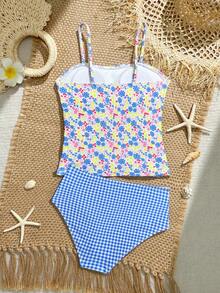 SHEIN Tween Girl Blue Floral & Plaid Print 2 Pieces Bikini Swimwear, Suitable For Beach, Summer Vacation, Swimming Pool Party - Multicolor - View 2