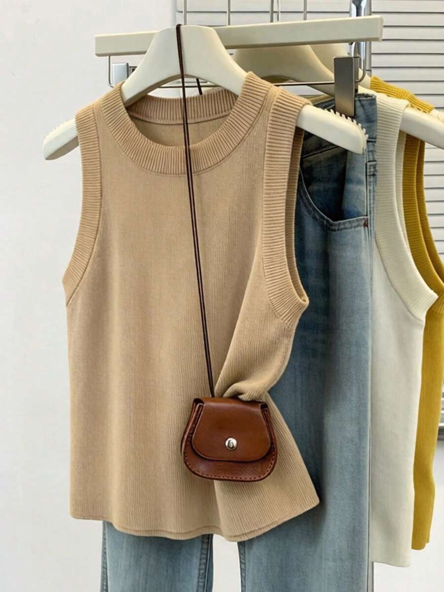 SHEIN 女士休闲百搭纯色针织吊带背心,夏季 - 駝色 - 查看 1
