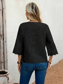 EMERY ROSE Áo sơ mi nữ tay lửng 3/4 màu trơn, thiết kế khoét rỗng, kiểu dáng thường ngày, thích hợp cho kỳ nghỉ. - màu đen - Xem 2