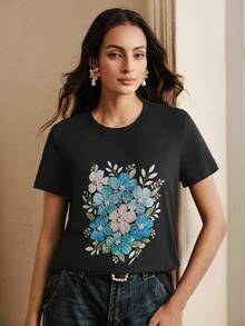 Refreshing Floral Print Versatile Soft Cotton Black T-Shirt For Women - Black - View 8