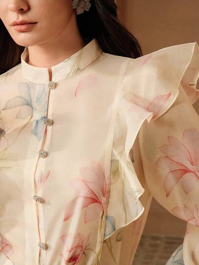  Áo khoác cardigan/áo kiểu nữ Anewsta mùa xuân/hè thanh lịch, lãng mạn, họa tiết hoa giả tươi tắn, cổ áo xếp nếp, tay áo cánh hoa, vai bồng bềnh.