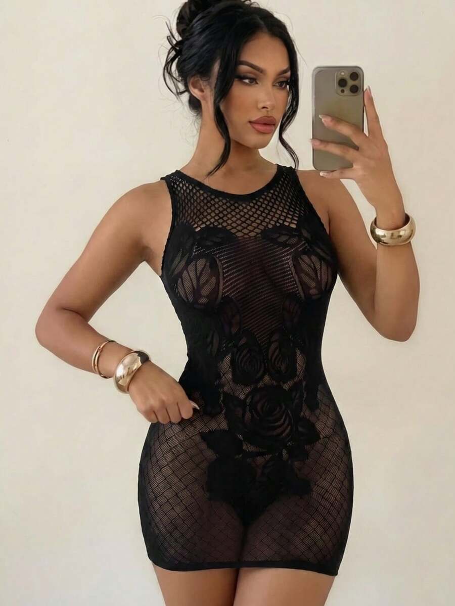 Sirith 2026新款黑色镂空弹力迷你连衣裙（女款） - 黑色 - 查看 1