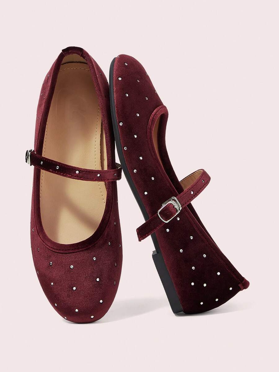 CUCCOO DOLLMOD Velvet Rivet Rhinestone Mary Jane Women's Shoes Spring And Summer New Commuting Fashion And Comfort Low Vamp Buckle With Flat Ballet Shoes - Burgundy - View 1