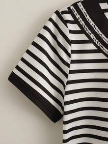 Everyssa 女士短袖圆领条纹T恤，休闲风，夏季，休闲 - 黑與白 - 查看 3